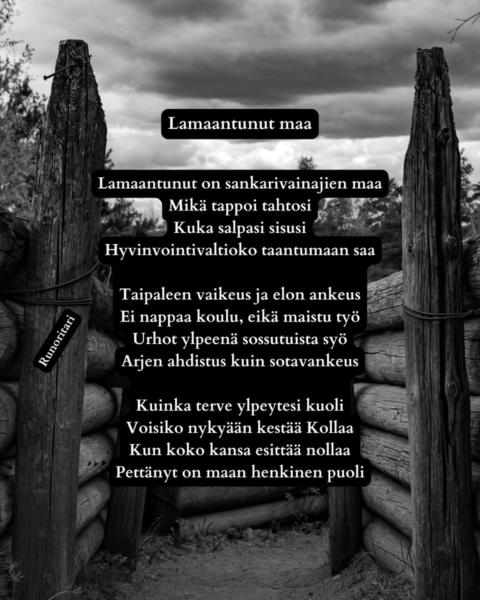 Lupasin laittaa tänään tasatunnein Suomea ja suomalaisia käsitteleviä runoja. Tässä näistä neljäs, joka on nimeltään Lamaantunut maa. Olkaapa hyvät!