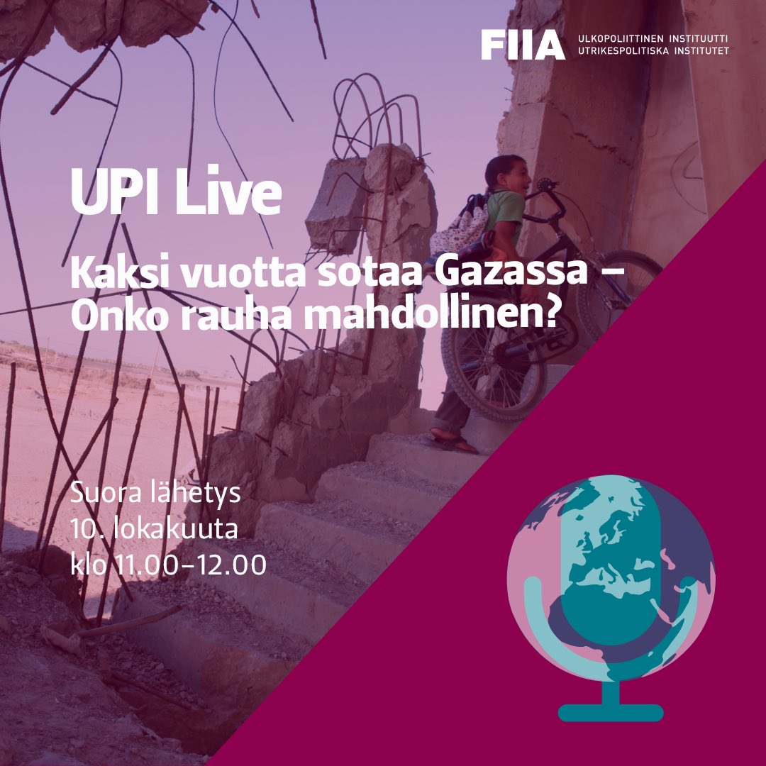 Israel ja Hamas ovat hyväksyneet presidentti Trumpin rauhansuunnitelman ensimmäisen vaiheen. Onko osapuolten välille saavutettavissa kestävää rauhaa?

UPI Livessä tänään keskustelemassa UPIn tutkijat <a href="/TimoStewart/">Timo R. Stewart</a> ja Katariina Mustasilta.

Katso suorana: youtube.com/live/--BqKYDmH…