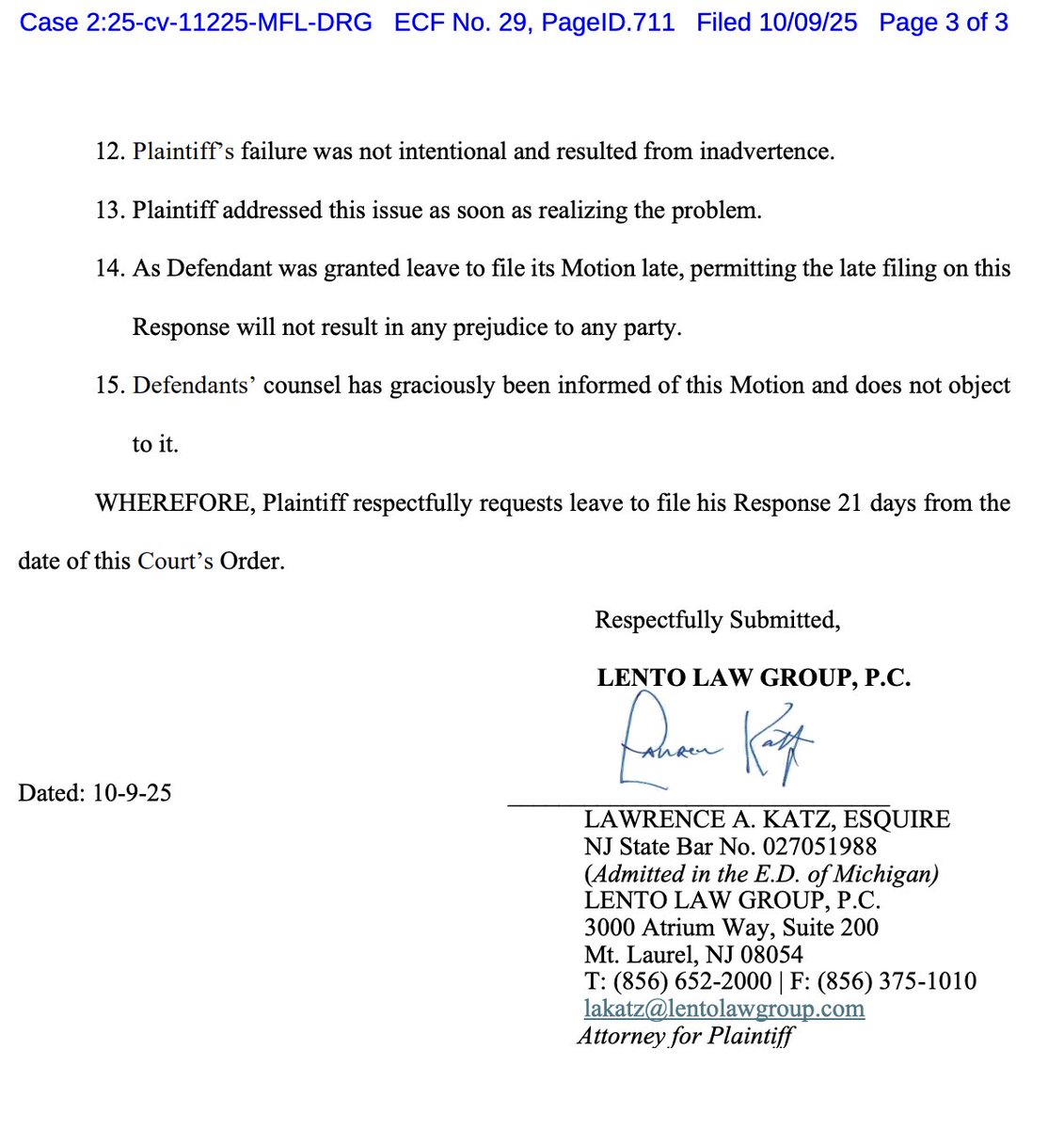 NMernoff's tweet photo. @Miss_Who @GaGal012 @libsoftiktok Wow! Lawrence Katz is still filing motions for the Lento Law Group! This is from a case (Jedidah Brown v. Ladel Lewis) in the US District Court in Eastern District of Michigan, just dated yesterday 10/9/25!!! https://t.co/Qybr11DhlQ