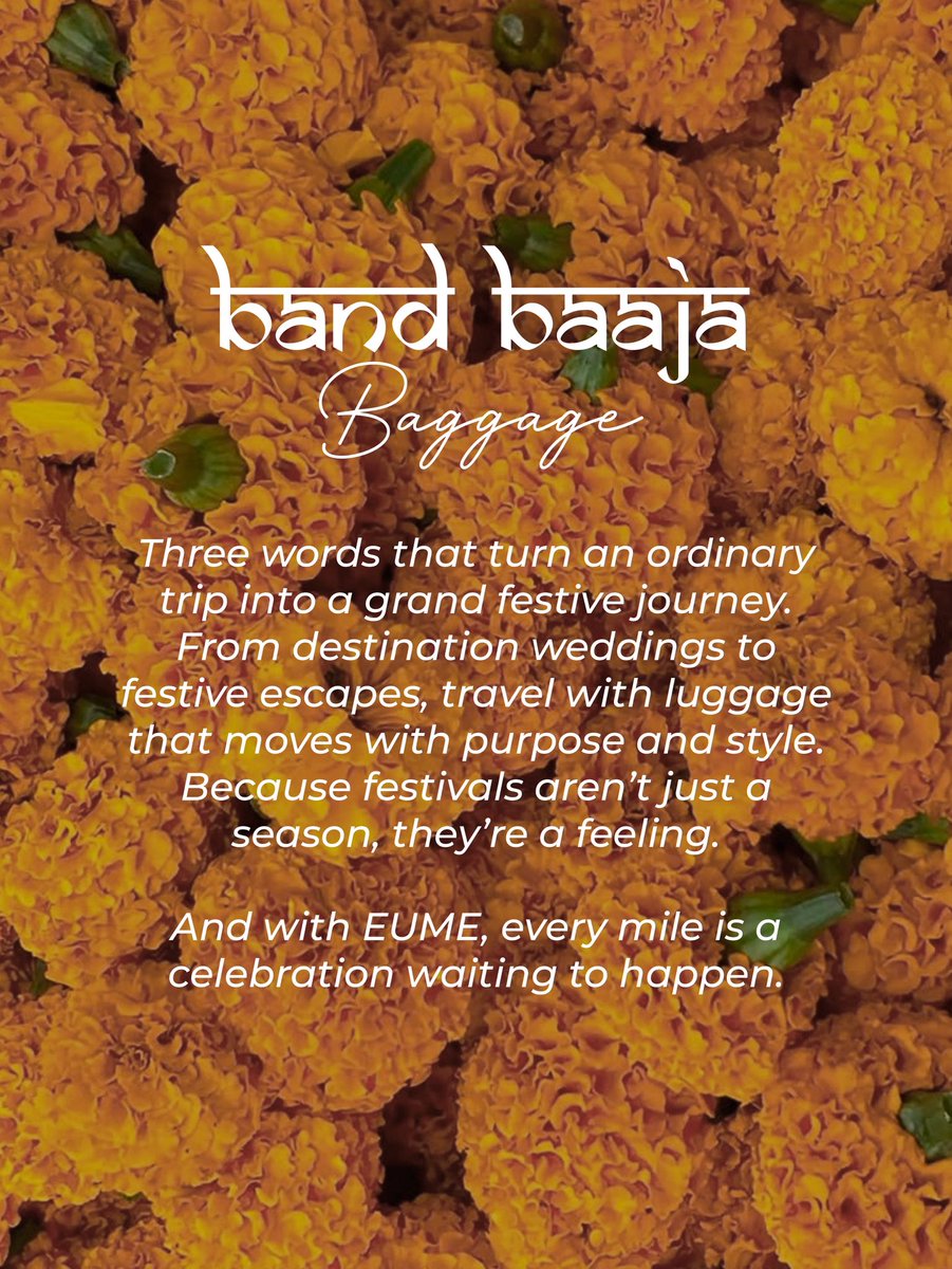 eumeworld_'s tweet photo. Band Baaja Baggage by EUME ✨
Your festive journeys just got happier! 🧳🎉

UP TO 60% OFF + EXTRA 15% with code TYOHAAR15 🪔✨
Travel with emotion, elegance &amp; all the festive vibes!

🎊 Don’t wait! Make your celebrations unforgettable!

#EUME #makingmoves #bandbaajabaggage https://t.co/ySQGM8zCqS