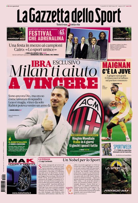 Newspaper front page titled La Gazzetta dello Sport in pink with sections on Festival dello Sport images of people in athletic wear and suits Ibrahimovic in suit making thumbs up gesture next to AC Milan logo player in yellow jersey on field Maignan in goalie pose text headlines about Milan winning Ibrahimovic exclusive Leao magic Rabiot potential transfer Cairo quote on sport uniting various ads and articles on sports events.
