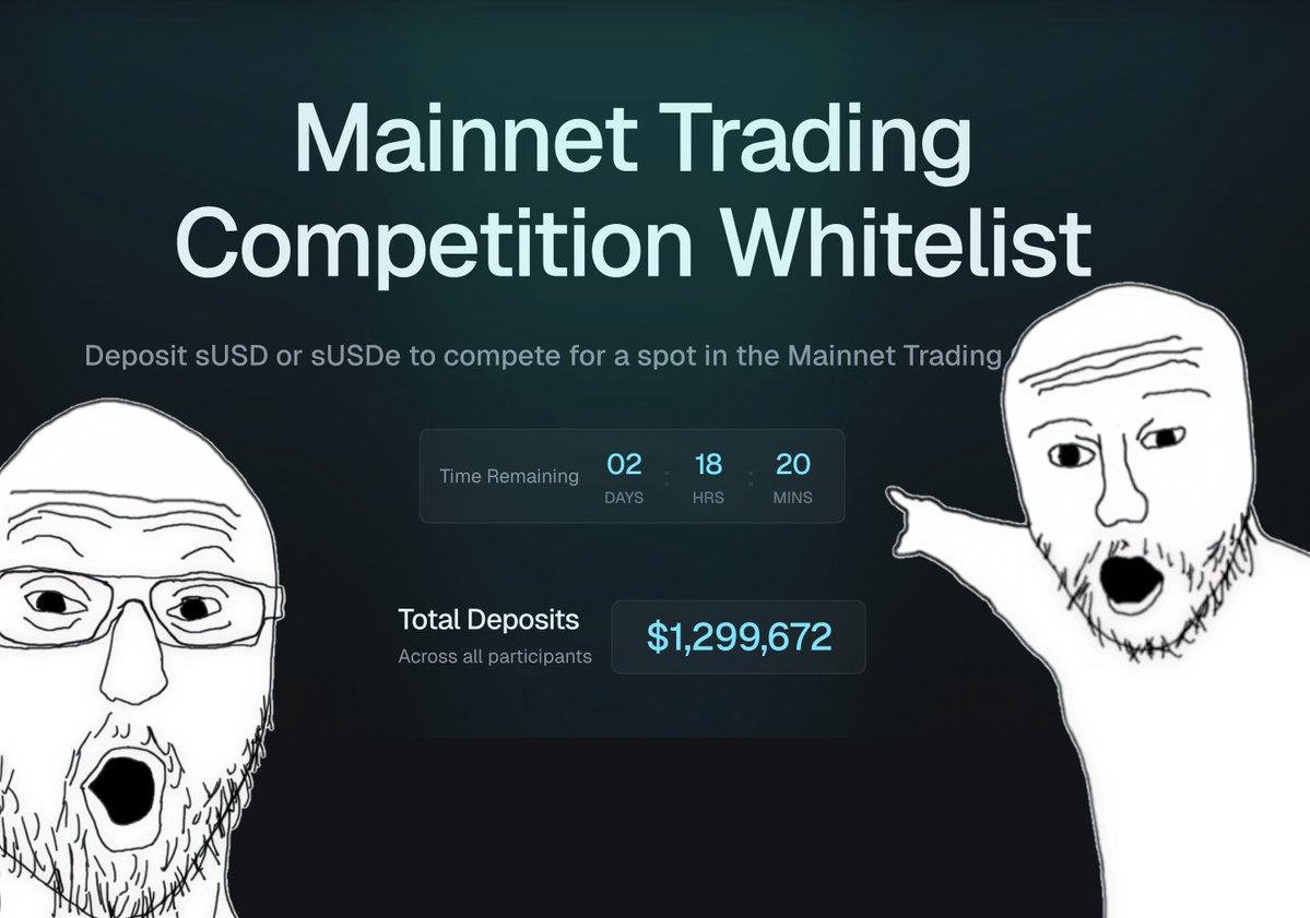 synthetix_io's tweet image. Would you like to join the Synthetix trading competition and trade against 50 of the biggest names on CT for a $1M top prize?

The top 20 sUSD and top 10 sUSDe depositers as of Oct. 13, 00:00 UTC will receive guaranteed entry into the trading comp.

🎟️🔽
predeposit.synthetix.io
