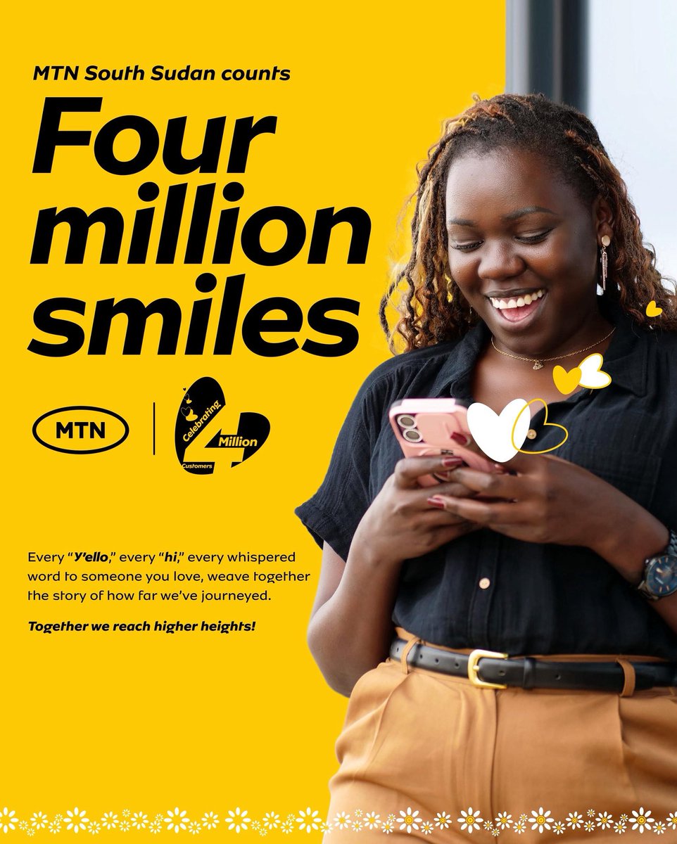MTNSSD's tweet image. 💛 Four million smiles and counting!
Every “Y’ello”, every moment shared — you made this milestone possible. 🙌
Together, we keep reaching higher! 🚀

Shukran Junubin 💛

#MTNSouthSudan #4MillionSmiles #KeepConnecting