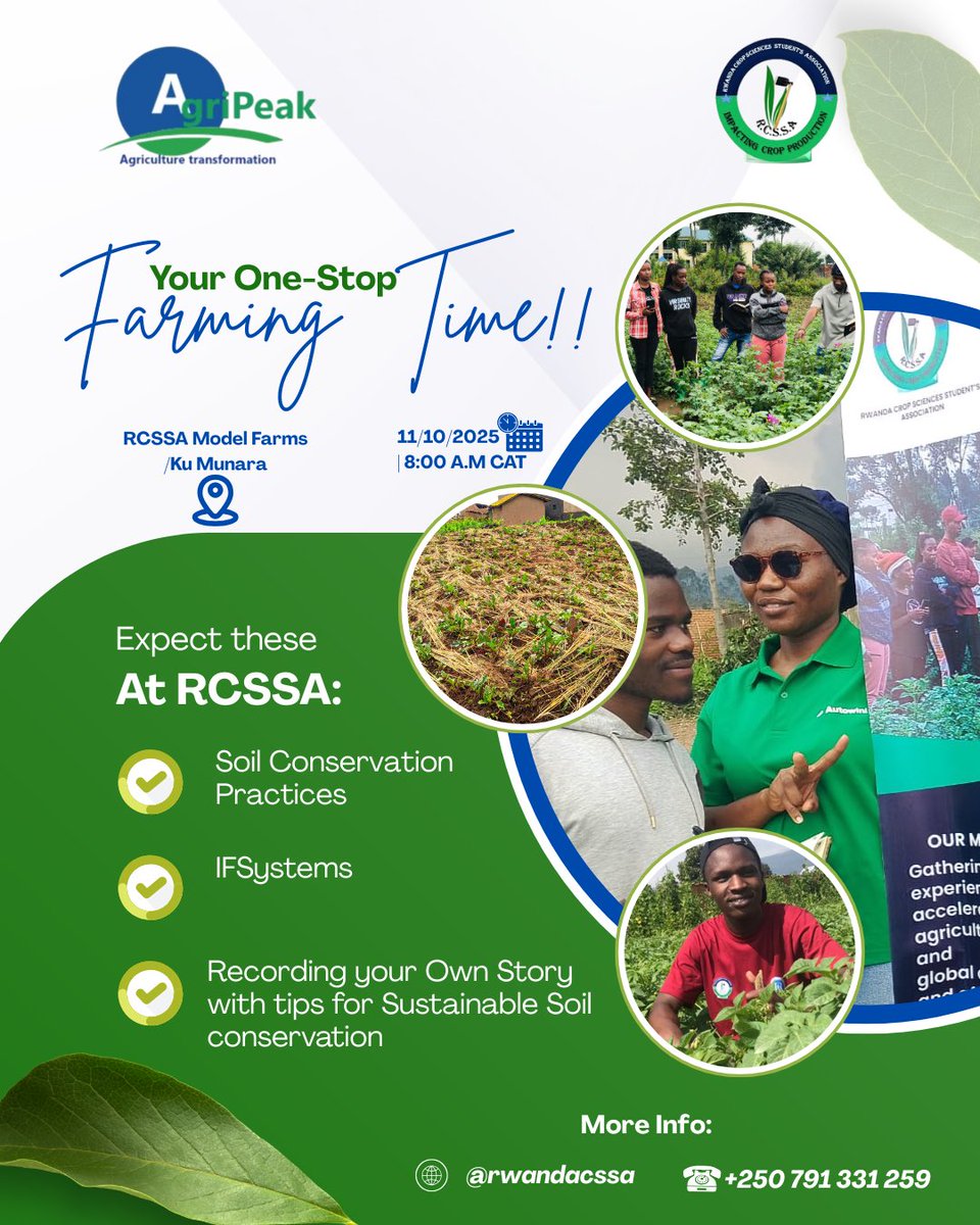 agripeak1's tweet photo. Farming Time This Saturday, we will be live at @RwandaCSSA Model Farm. Numbers of Students from @UR_CAVM will be. With us for tips of Sustainable Soil Conservation practices, as in  Crop production, we need quality  land  #WeForChange  @oneacrefundRW  @UNDP_Rwanda
@NatureRwanda https://t.co/LldUXHm1kW