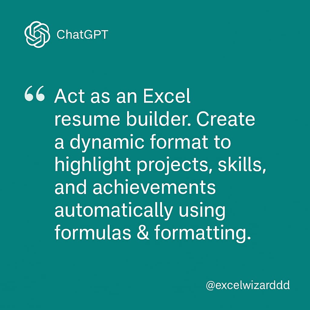 excelwizardd's tweet image. Your resume shouldn’t just look good — it should stand out.

This ChatGPT prompt helps you build an Excel-based resume that updates automatically with your achievements 👇

@excelwizardd @microsoft @microsoft365

#ExcelForStudents #ResumeTips #CareerGrowth
