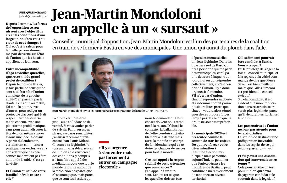 📰 « Jean-Martin Mondoloni en appelle à un "sursaut" »

Retrouvez l’interview de <a href="/jmmondo/">JM Mondoloni</a> dans le Corse Matin d’aujourd’hui ⤵️