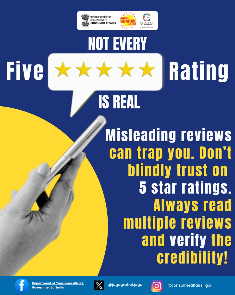 jagograhakjago's tweet image. As a consumer, don’t trust every 5 Star rating. Misleading reviews can trap you. Report violations to the National Consumer Helpline at 1915 or WhatsApp 8800001915. #JagoGrahakJago #ConsumerRights #NCH1915 #Ecommerce