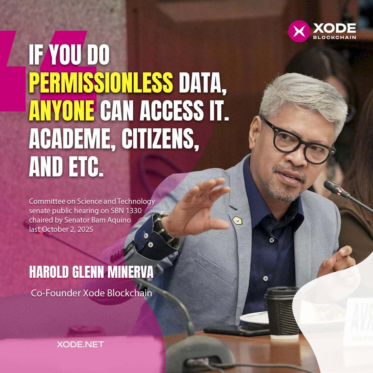 XodeNet's tweet image. During the Public hearing of the Committee on Science and Technology on SBN 1330

@XodeNet Blockchain emphasized a vital point: Permissionless data allows true transparency, accessible to all. Chaired by Senator @bamaquino 

#XodeBlockchain #Transparency #Web3Innovation