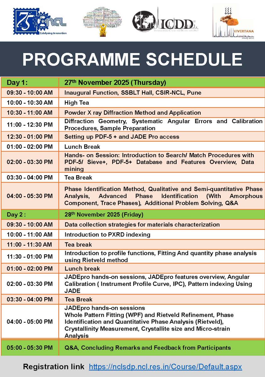 csir_ncl's tweet image. CSIR-NCL is pleased to announce the upcoming Workshop on Materials Characterisation Using Powder X-Ray Diffraction (WMC-PXRD) in collaboration with the International Centre for Diffraction Data (ICDD), USA, and Vivertana Distributors Pvt. Ltd., Bangalore.
@CSIR_IND
