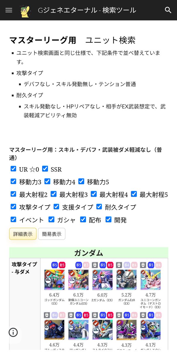 【マスターリーグ用検索ページ】
📌マスターリーグのページを追加。
📌専用のユニット検索画面を準備
📌相手がEX武装で攻撃すると、こちらの武装被ダメ軽減アビリティは無効になるため、その条件で並べています。

sites.google.com/view/ggenerati…

#ジージェネ #Gジェネ #Gジェネエターナル