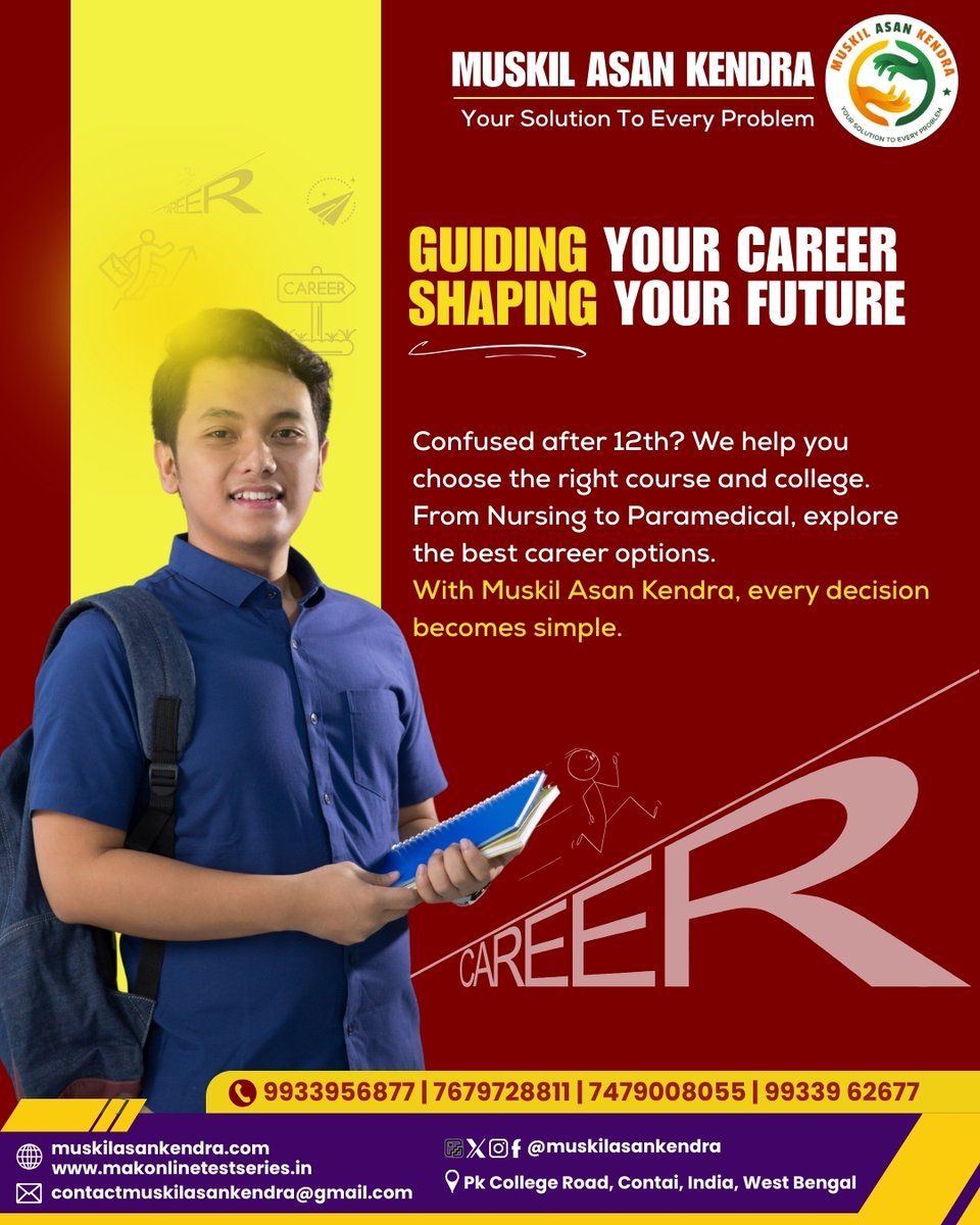 MuskilAsanNow's tweet photo. Confused after 12th? We make career choices simple. 🎓From Nursing to Paramedical, Muskil Asan Kendra helps you choose the right course, college, and future. Guiding your career. Shaping your future.

#CareerAfter12th #MuskilAsanKendra #NursingAdmissions2025 #ParamedicalCourse https://t.co/Kf8R7fuWVj
