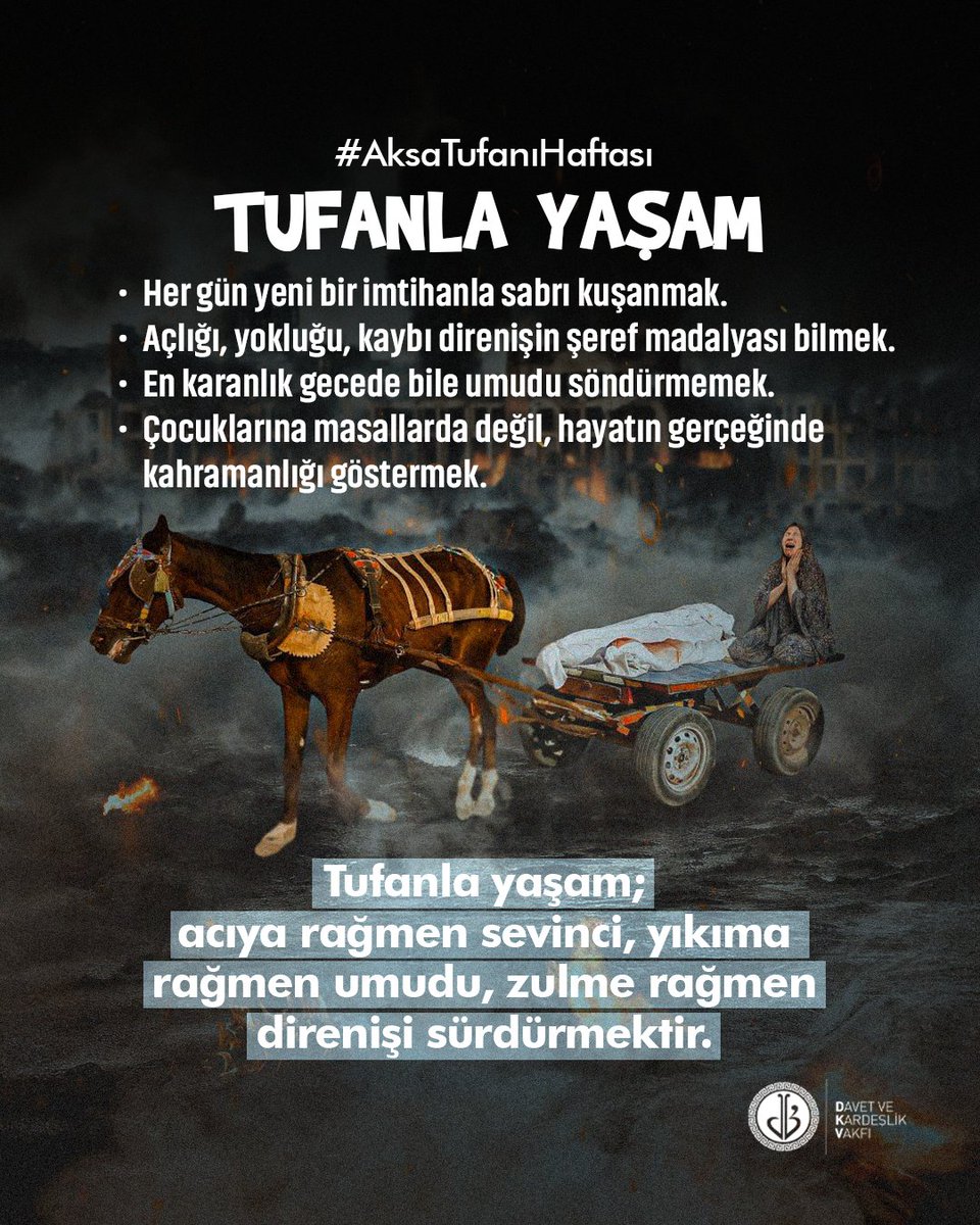 Tufanla yaşamak; acıya rağmen sevinci, yıkıma rağmen umudu, zulme rağmen direnişi yaşatmaktır.

#AksaTufanıHaftası #aksatufanı