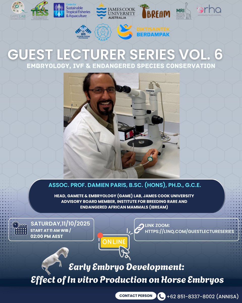 DamienParis_PhD's tweet photo. Looking forward to delivering a guest research lecture to embryology students &amp; staff at Raden Fatah State Islamic University (Palembang, Indonesia) this coming Saturday 11th October. Topic: "Effect of in vitro production on horse embryos".
#GAMELab @jcu @TESSJCU @RepHealthOz https://t.co/a77nV4mZ4x