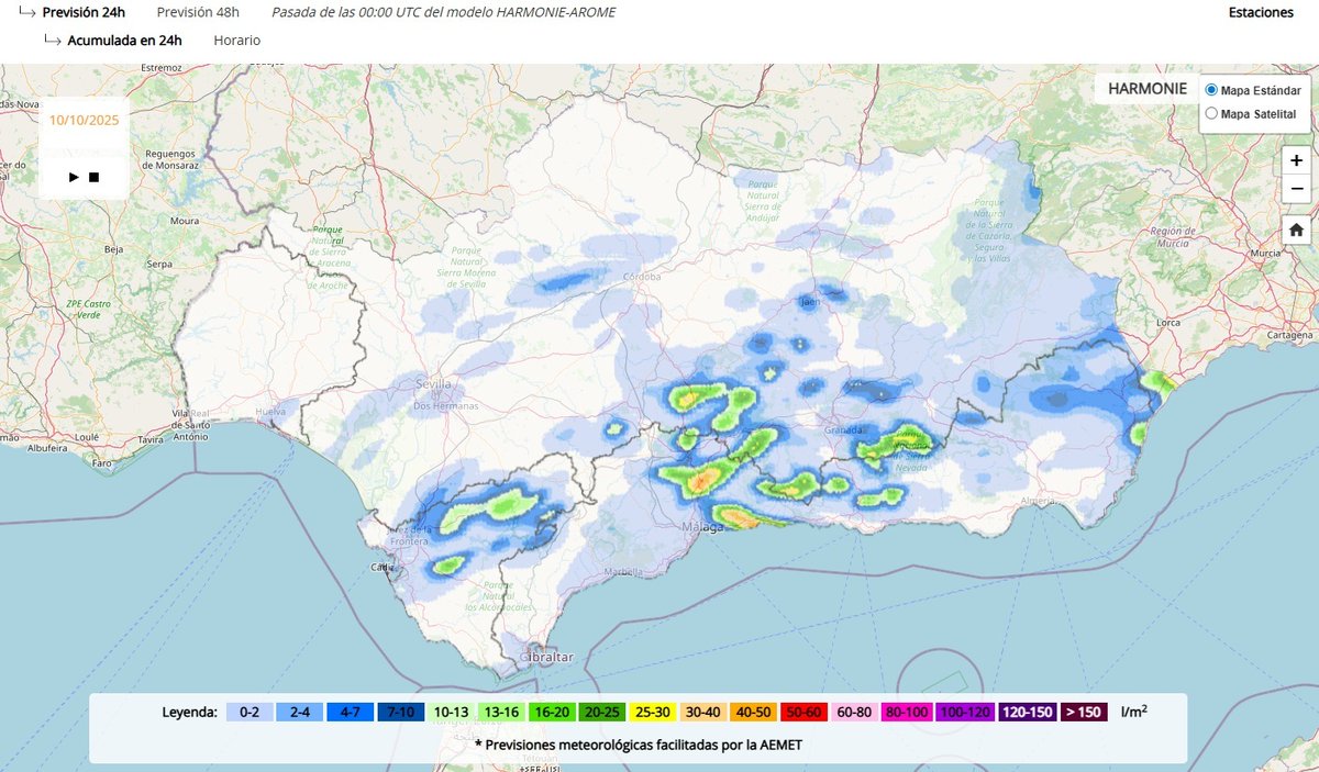 Mapa de previsión de precipitación acumulada en 24h para HOY según el modelo HARMONIE-AROME facilitado por AEMET.
redhidrosurmedioambiente.es/saih/prediccio…