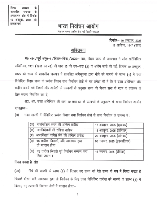 mahae_news's tweet image. बिहार विधानसभा निवडणुकीच्या पहिल्या टप्प्यासाठी अधिसूचना जारी केली गेली आहे.   

#BiharElections2025 #AssemblyElections #ElectionNotification #VoteSafely