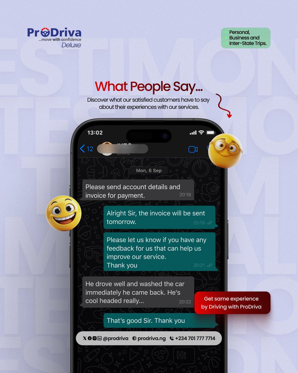 prodriva_ng's tweet image. Professionalism that speaks for itself.

Another 5-star ride, another happy client🤗
Thank you for trusting ProDriva 🙏where every ride is handled with excellence.

Come explore with Prodriva prodriva.ng

#ProDriva #LuxuryOnDemand #CustomerExperience