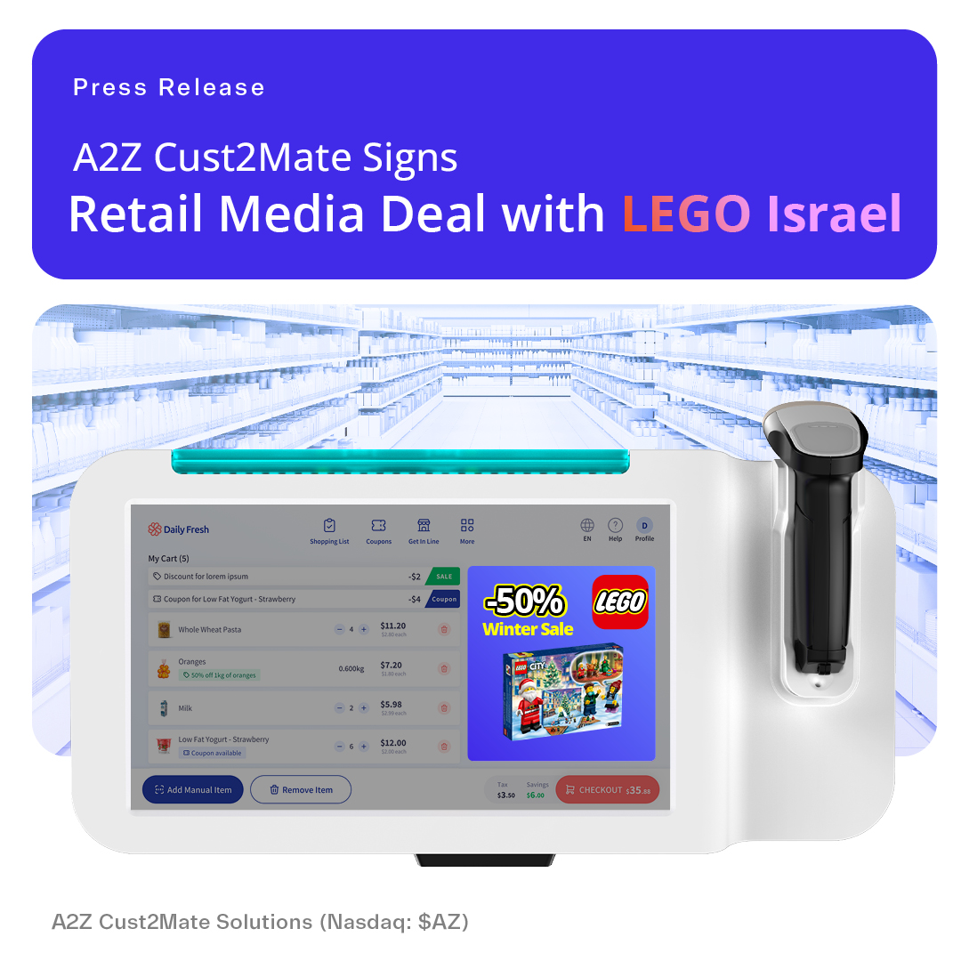 CorpA2z's tweet photo. We’ve just added Lego to our growing retail media network.
Interactive campaigns will run across 5,000 Cust2Mate smart carts at Yochananof, combining CPM revenue with commissions on every sale.
Three new partnerships in three weeks. 
🛒 https://t.co/heHTfjF0vE
A2Z Cust2Mate ($AZ) https://t.co/V0jSdKeBh4