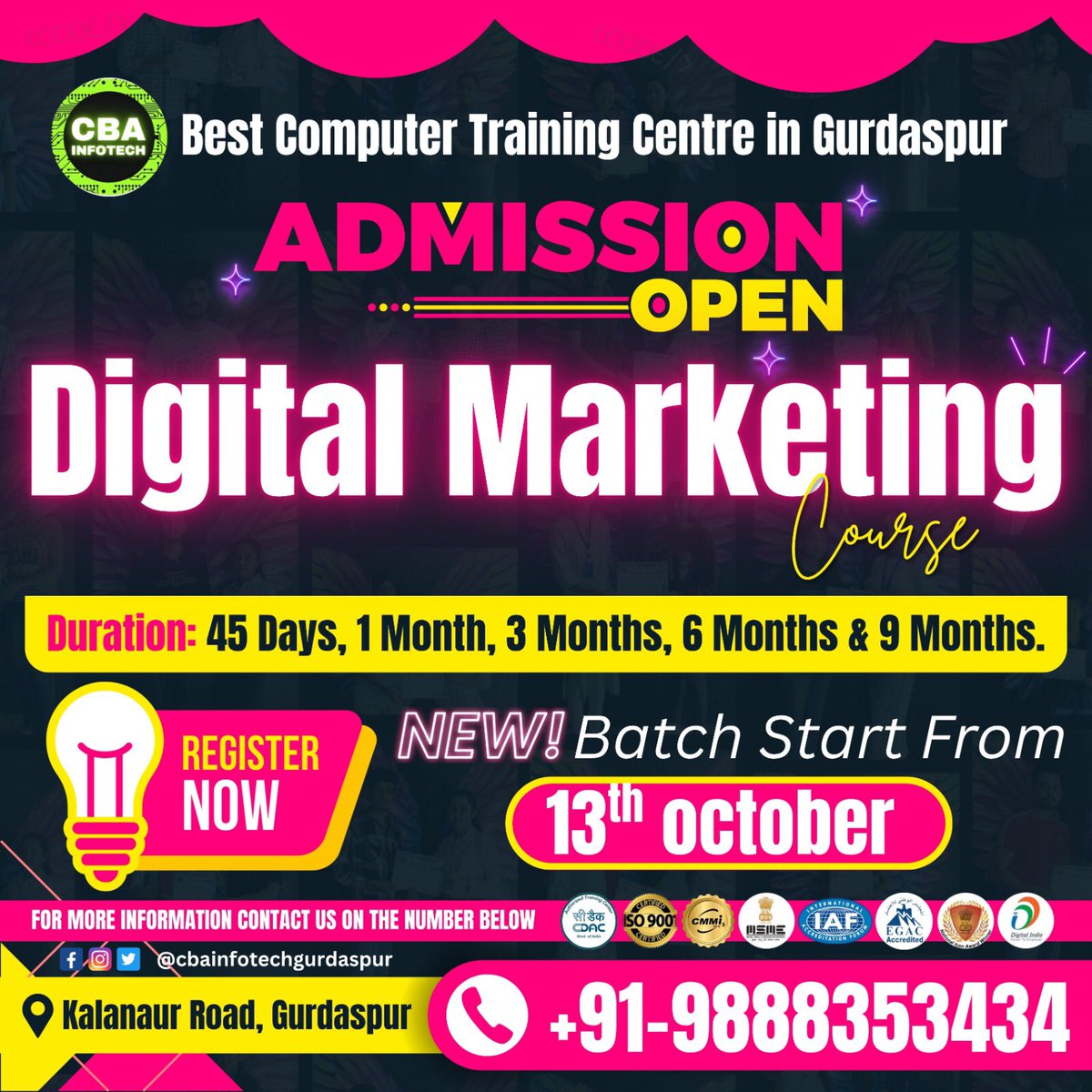CbaInfotech's tweet image. 🚨🎓📢 ADMISSION OPEN
🖥️💻 Best Computer Courses in Gurdaspur
📅 NEW BATCH STARTS: 13th OCTOBER
⏰ 45 Days ⏳ 1 Month 📘 3 Months 🧠 6 Months 🧑💼 9 Months
📌 100% Practical Training
📞 Register NOW! Limited Seats 🎯
#ComputerCourse #GurdaspurTraining #JoinNow #FutureReady