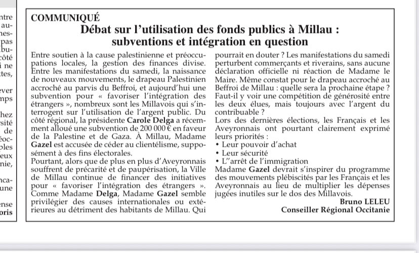 Débat sur l’utilisation des fonds publics à Millau :
Subvention et intégration en question 

Mon communiqué <a href="/LeNouvelHebdo/">L'HEBDO</a> 
#Aveyron #Millau #Occitanie
