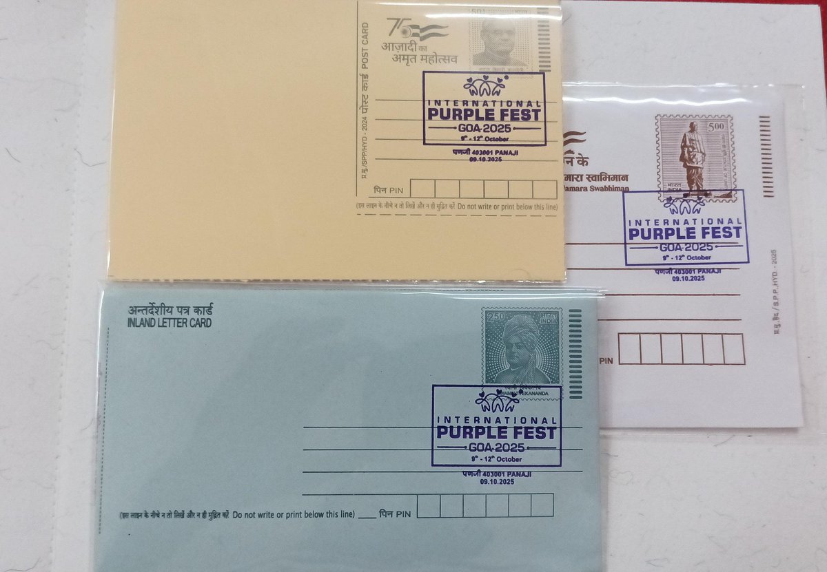 RDStampsColl's tweet photo. 📮 A Special Cancellation in purple was released by @IndiaPostOffice – Goa Region on the occasion of #InternationalPurpleFest Goa 2025 dtd. 09.10.2025, celebrating inclusion &amp; empowerment of persons with disabilities. 💜

Image courtesy: Sudhir Jakherr https://t.co/PX5n92V2v5