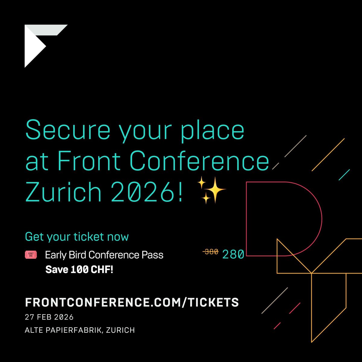 🚨 Early Bird Alert! 🚨
Snag your Front Zurich 2026 ticket for just CHF 280 — CHF 100 off! 🎟️
Join us on 27 Feb 2026 for a full day of design, tech, and inspiration.
But hurry — early bird pricing won’t last forever!
🎯 Secure now: frontconference.com #FrontZurich
