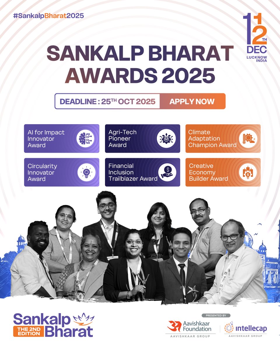 Bharat’s changemakers deserve the spotlight. Will you be one of them? 

#SankalpBharatAwatds2025 is your tryst with destiny.
Apply now and rub elbows with fellow changemakers:

Applications Close 25 October 2025.
Apply Today: bit.ly/4nCGeZX

#SankalpBharat2025