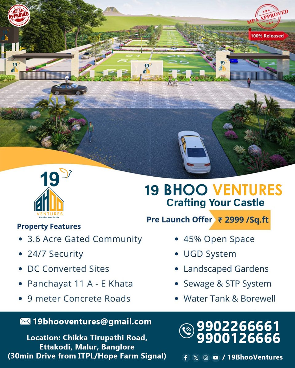 19BhooVentures's tweet image. PRE-LAUNCH OFFER ALERT! 
​Secure your plot in a fully approved community!
19 Bhoo Ventures is offering plots at an unbeatable rate of just ₹2999 /Sq.ft.
​📷 Call us today: 9902266661 | 9900126666
​#BangaloreRealEstate #PreLaunchOffer #MPAApproved #RERA #Malur #InvestInBangalore