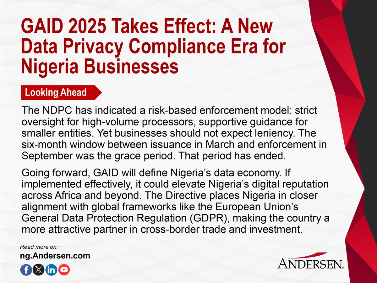 AndersenNigeria's tweet image. 📢Going forward, GAID will define Nigeria’s data economy. If implemented effectively, it could elevate Nigeria’s digital reputation across Africa and beyond. 

👉 Learn what it means for your business: ng.andersen.com/gaid-2025-take…

#GAID #Privacy #Data #Compliance #AndersenNigeria