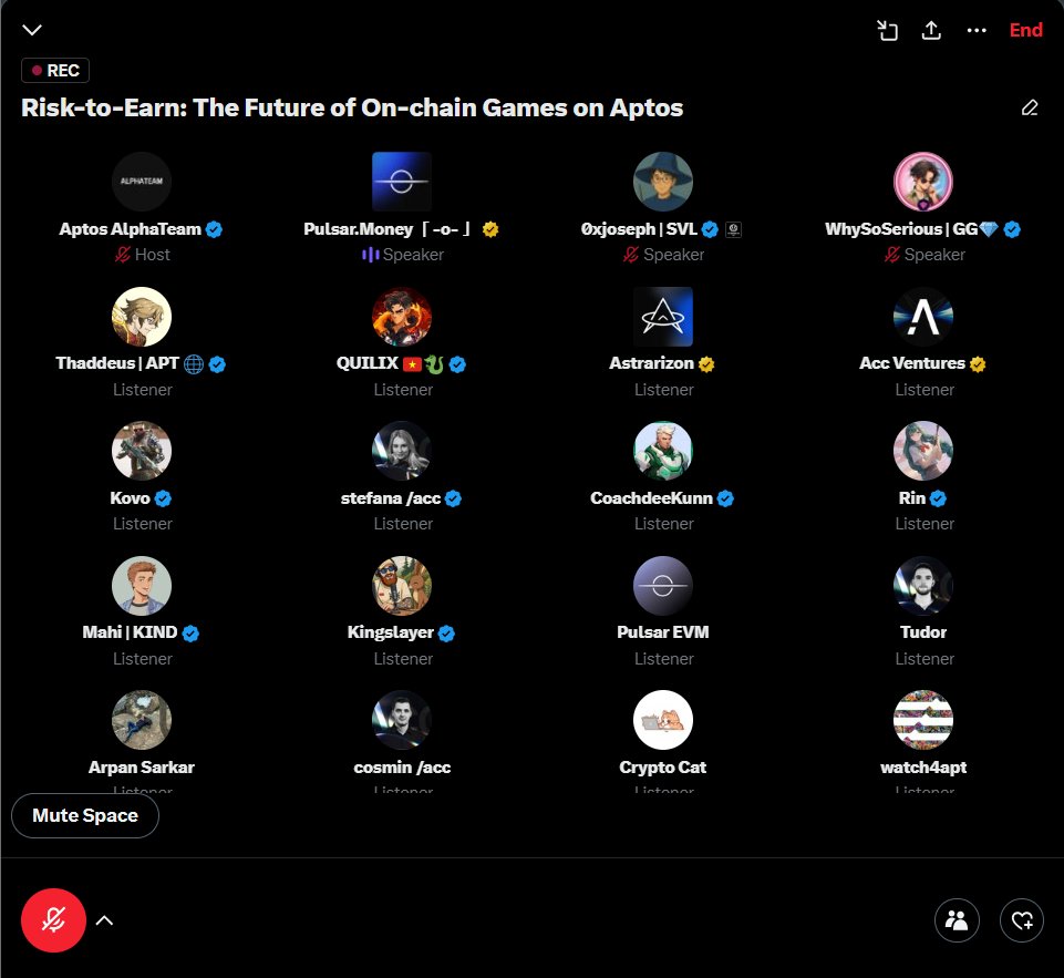 🎙️ We’re live at the AlphaTeam AMA!
Risk-to-Earn: The Future of On-chain Games on Aptos

Joining us on stage are <a href="/cosminblt/">cosmin /acc</a> (Head of Marketing, @PulsarMoney), <a href="/0xjosephlee/">0xjoseph | SVL</a> (Co-Founder &amp; CEO, @Supervlabs), and <a href="/whysoserious_zz/">WhySoSerious | GG💎</a> (Lead, <a href="/GamingGridx/">GamingGrid 💎</a>) — diving into how Web3 is