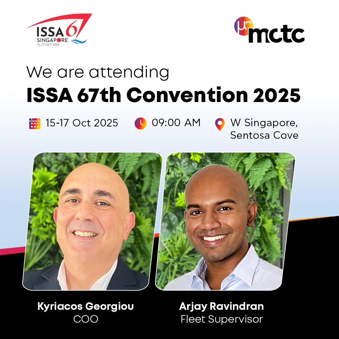 MCTCMarineLtd's tweet image. Kyriacos Georgiou &amp;amp; Arjay Ravindran will be at the ISSA 67th Convention in Singapore!​ 
Our team join the “Meet the Customer” session &amp;amp; a panel on “Global Challenges Facing Buyers and Suppliers – Do We Need a Paradigm Shift?” on October 16th.​

#MCTC #ISSA67Convention