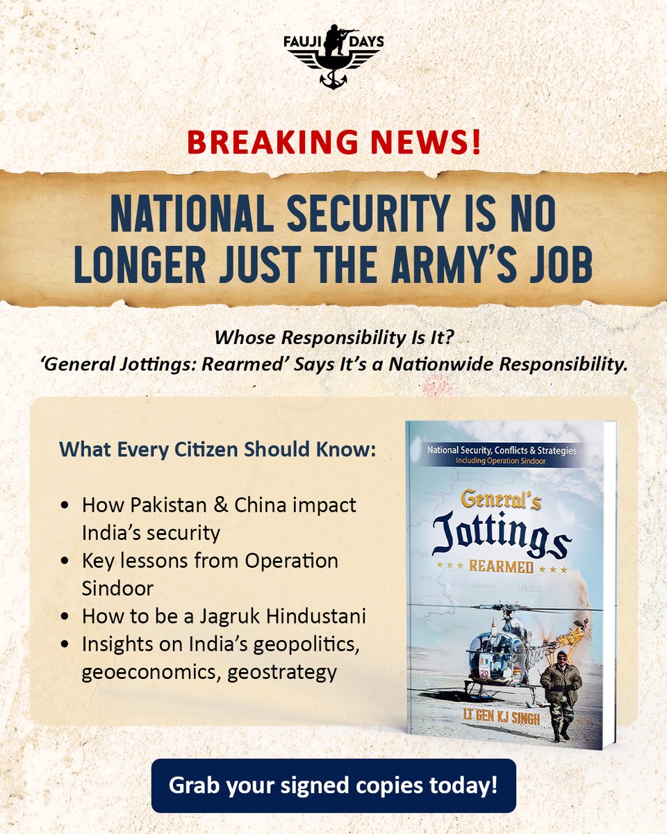 Now is the time to step up for the nation's security through awareness and vigilance.

Get 'General's Jottings: Rearmed' by <a href="/kayjay34350/">Lt Gen Kamal Jit Singh (Veteran)</a>  Lt Gen KJ Singh and join the citizens who strengthen India from within.

Order your signed copy now!
bit.ly/489FIOc

#faujidays