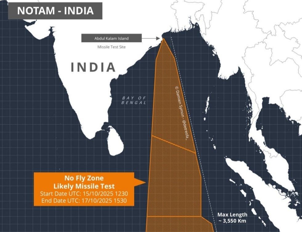 oneindianewscom's tweet image. भारत ने बंगाल की खाड़ी क्षेत्र में संभावित मिसाइल परीक्षण के लिए नया NOTAM जारी किया 
 
परीक्षण 15-17 अक्टूबर, 2025 को निर्धारित है, जिसमें खतरे का क्षेत्र ~3,550 किमी तक विस्तारित है 

#IndiaMissileTest #NOTAM #BayOfBengal #MissileLaunch #Defence

[ India, Missile Test, NOTAM,