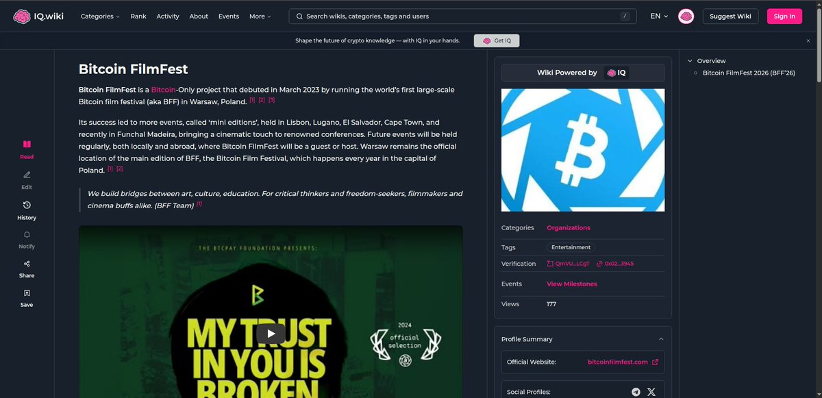 bitcoinfilmfest's tweet image. Bitcoin FilmFest comes to Warsaw again in 2026. 😍

A celebration of cinema, Bitcoin culture, and independent storytelling, with premieres and many more interesting things.  🔥

🗓️ June 4–7, 2026

📍 Warsaw, Poland

We’re excited to be featured on IQ.wiki. Thanks,…