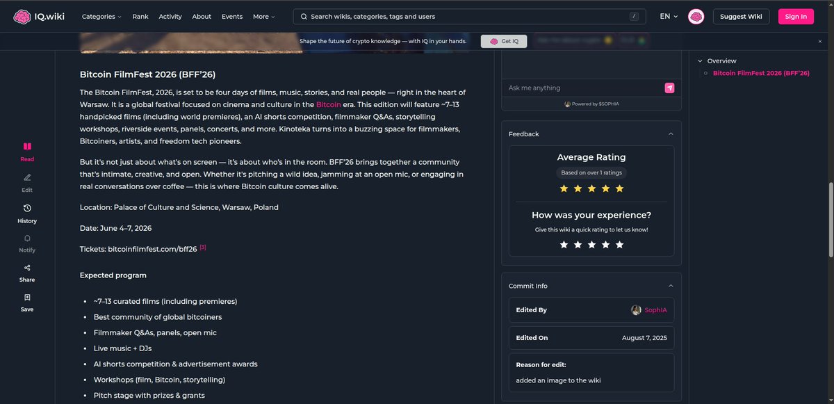bitcoinfilmfest's tweet image. Bitcoin FilmFest comes to Warsaw again in 2026. 😍

A celebration of cinema, Bitcoin culture, and independent storytelling, with premieres and many more interesting things.  🔥

🗓️ June 4–7, 2026

📍 Warsaw, Poland

We’re excited to be featured on IQ.wiki. Thanks,…
