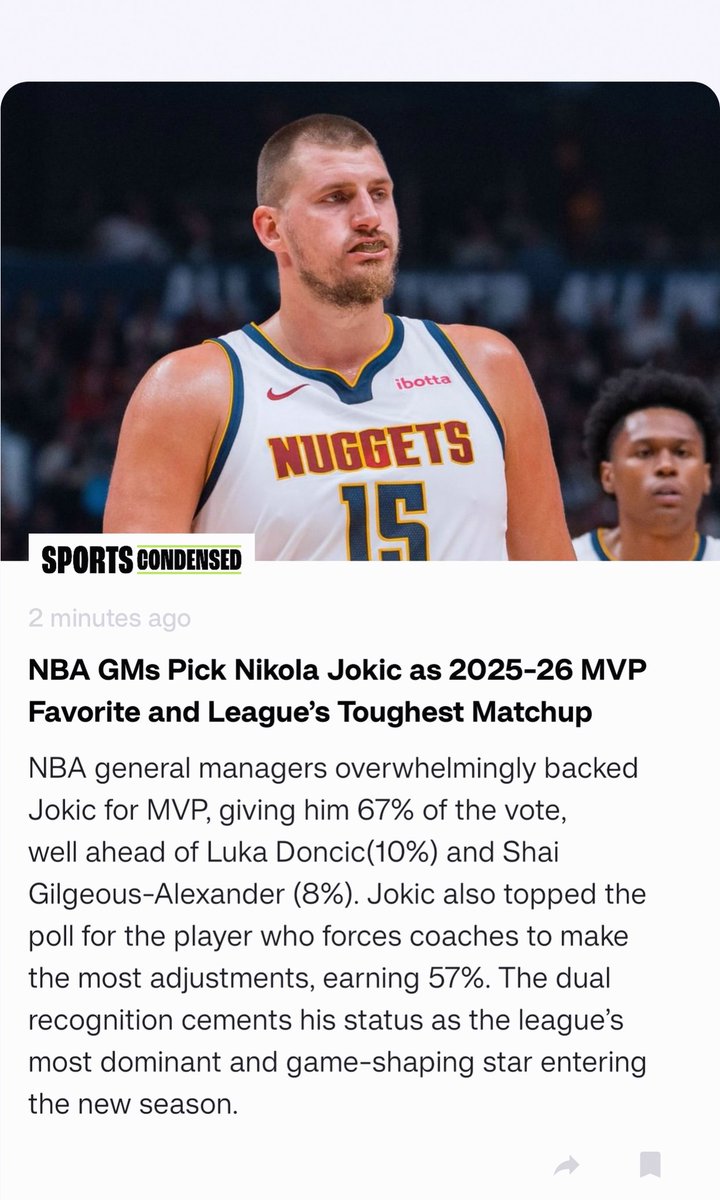 nuggetRush3's tweet image. 🏀 NBA GMs crown Jokic as MVP favorite *again*—plus the league’s toughest matchup! 🏆 Back-to-back love from ESPN &amp;amp; now GMs. Let’s hope the NBA doesn’t snub him this time!  sportscondensed.com/news/nba-g-ms-…...