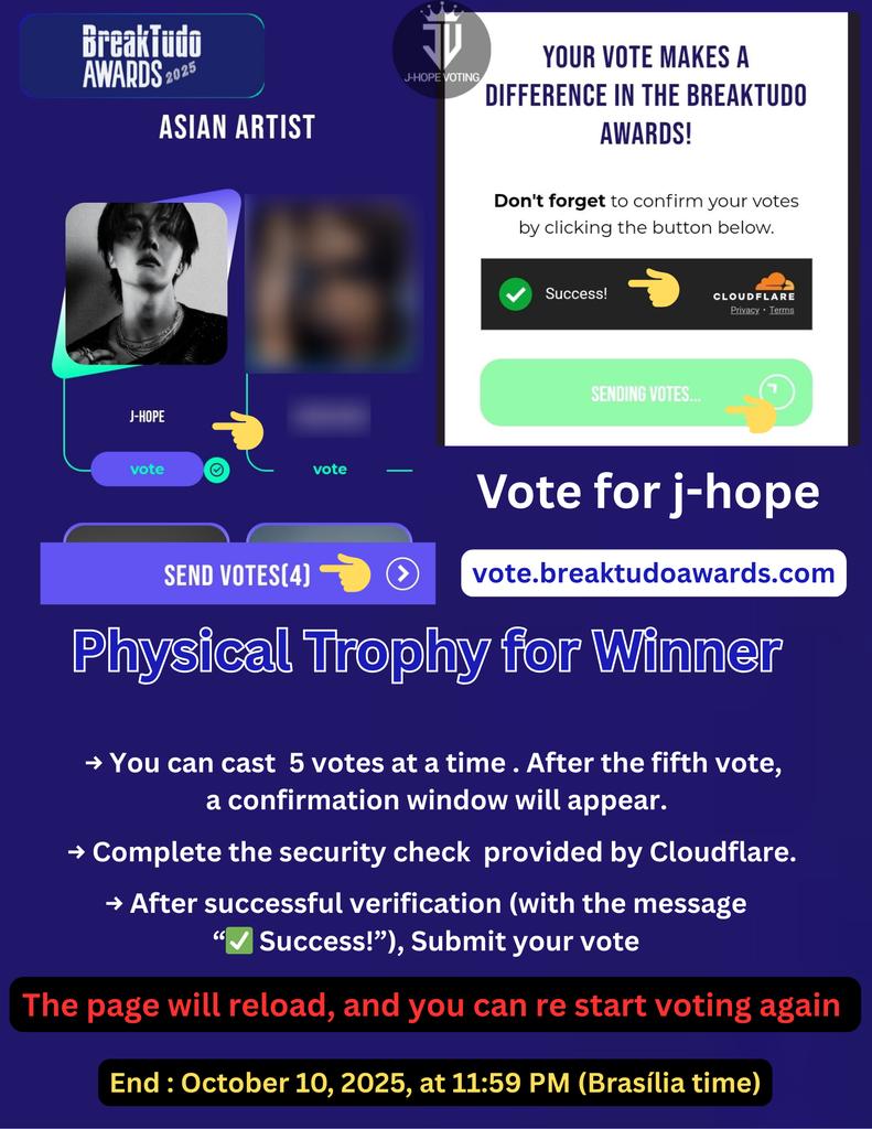 LAST DAY 📢
2025 BreakTudo Awards voting 

Asian Artist 🏆 j-hope 
🗳️ vote.breaktudoawards.com/vote/artista-a…

Cast 5 votes at a time
Complete verification ✅ 
Submit Votes
Page will automatically reload
→ repeat (unlimited voting)

📌 Trophy for the winner
📌 Ending Today