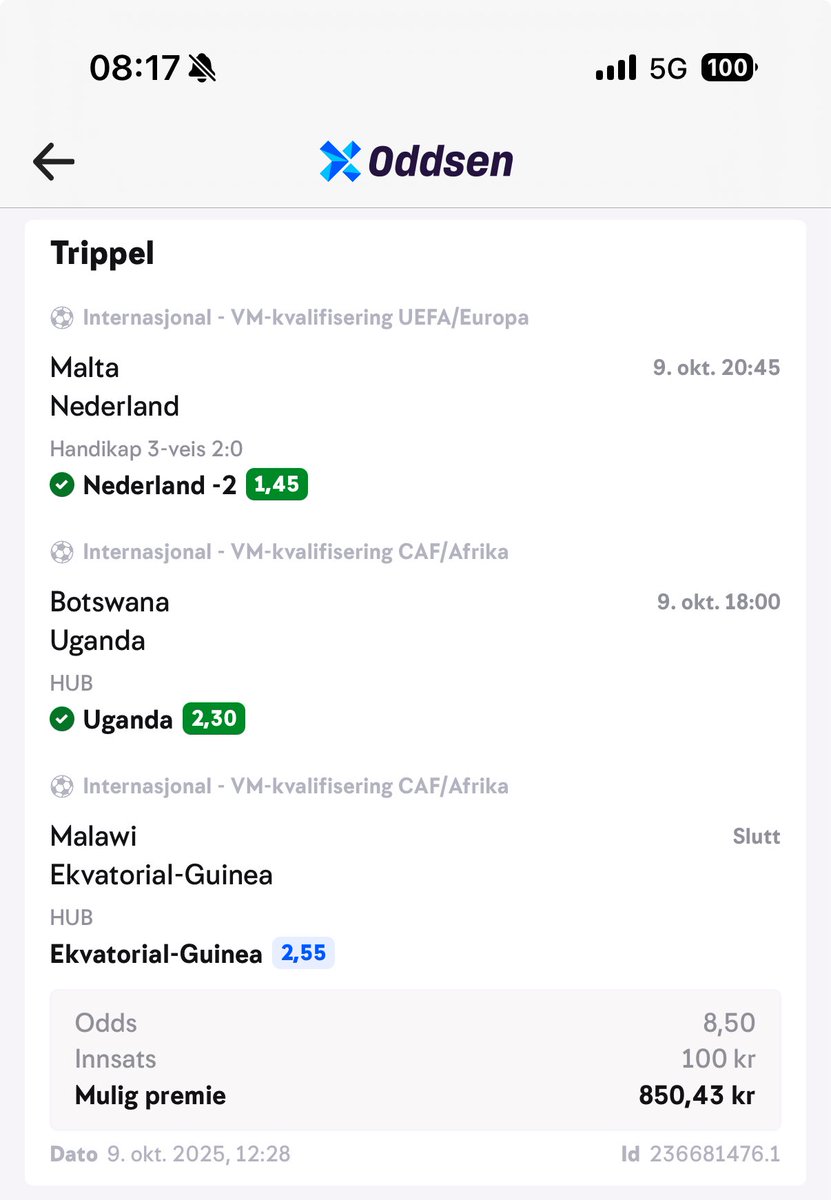 Noen som vet hva som skjer med oddsbongen ved kamper som blir utsatt? Konflikt mellom spillere og fotballforbundet i Ekvatorial-Guinea gjorde at laget ikke «boardet»  flyet og FIFA kansellerte kampen. Må jeg vente til evt. når kampen blir spilt f.eks? <a href="/NorskTippingAS/">Norsk Tipping AS</a>