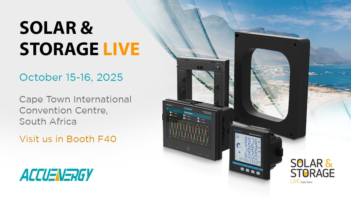 AccuenergyInc's tweet image. #TeamAccuenergy will exhibit at #SolarAndStorage Live Cape Town 2025, Oct 15–16 in South Africa. Visit Booth F40 to learn more about how our revenue-grade metering instruments support South Africa’s sustainable energy growth.

#CleanEnergy #SouthAfrica

🔗bit.ly/4mU3z8f