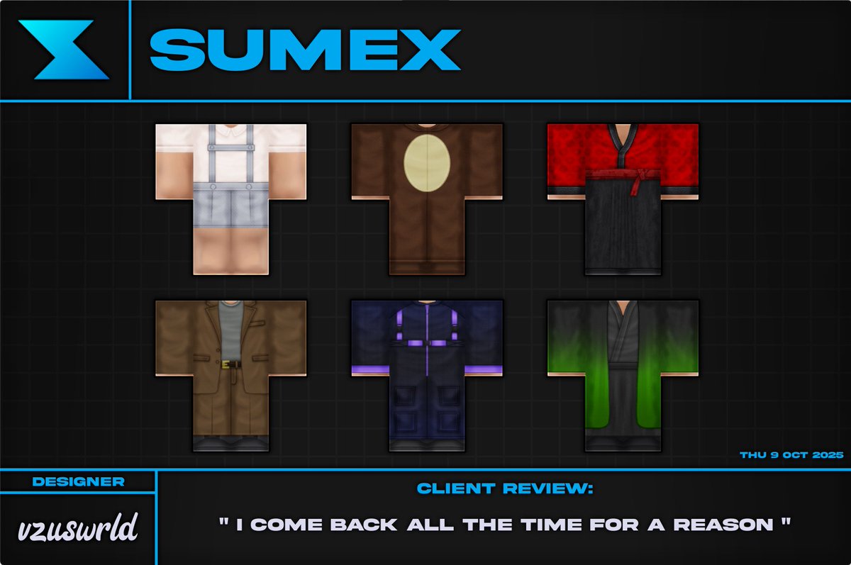 vzuswrld's tweet image. Sumex - Differentiated Uniforms / Outfits
Join server in bio to place an order.
#ROBLOX #RobloxDev #RobloxDesigner