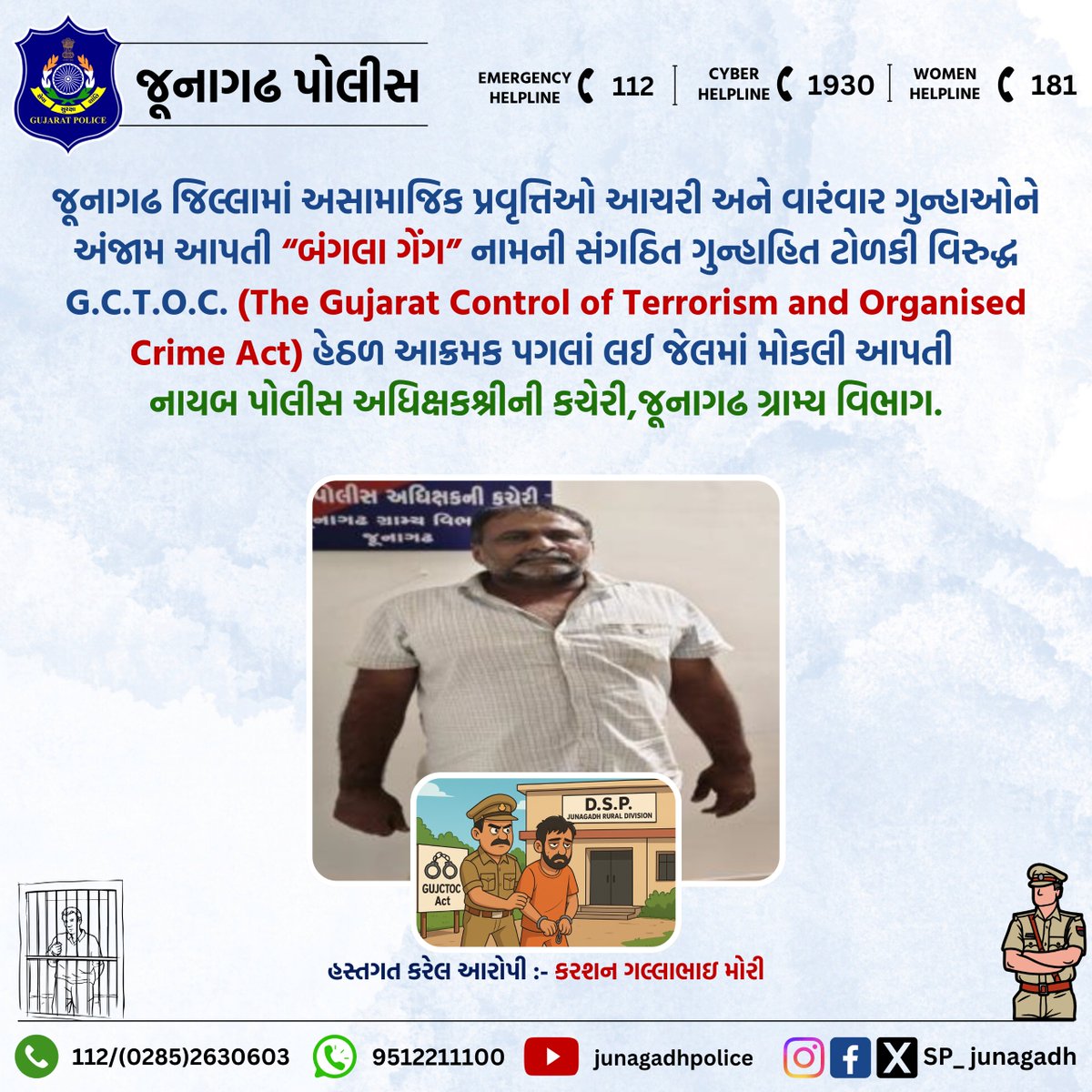 SP_Junagadh's tweet image. “બંગલા ગેંગ” નામની સંગઠિત ગુન્હાહિત ટોળકી વિરુદ્ધ G.C.T.O.C.  હેઠળ આક્રમક પગલાં લઈ જેલમાં મોકલી આપતી નાયબ પોલીસ અધિક્ષકશ્રીની કચેરી,જૂનાગઢ ગ્રામ્ય વિભાગ.

@CMOGuj
@sanghaviharsh
@GujaratPolice
@dgpgujarat
@IGP_JND_Range
#junagadhpolice 
#crimecontrol 
#gujaratpolice 
#crime