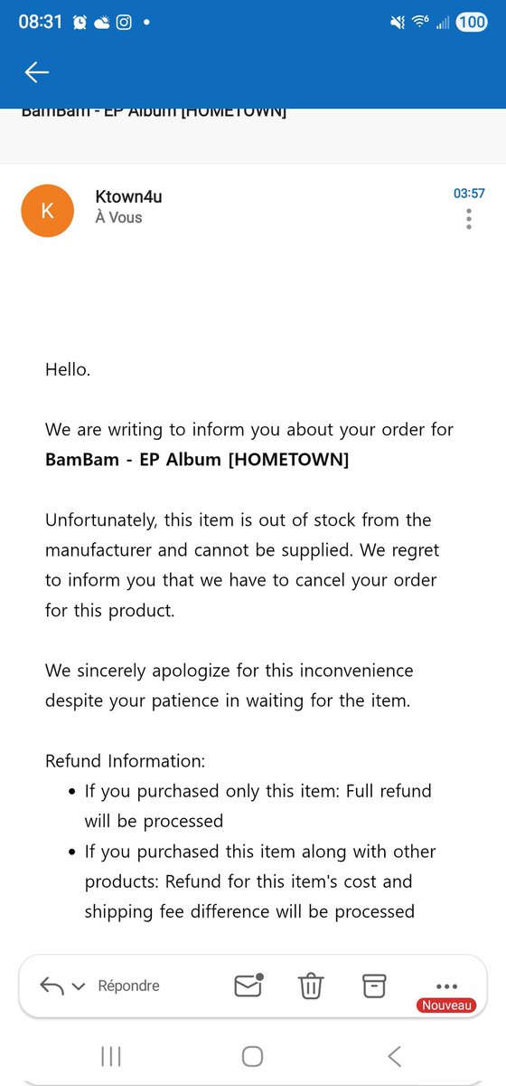 La journee commence bien 🤡🤡
Je vais chercher une solution, sinon vous serez rembourser au plus tard dimanche. Je suis désolé 🙃

The day starts well 🤡🤡
I will look for a solution, otherwise you will be refunded Sunday. I'm sorry 🙃