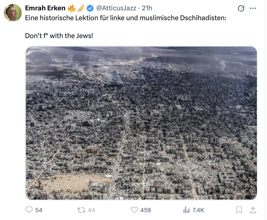 Staatsräson-Fanatiker macht "die Juden" für die Auslöschung palästinensischen Lebens in Gaza verantwortlich. Die er selbst feiert. 

So funktioniert Antisemitismus.