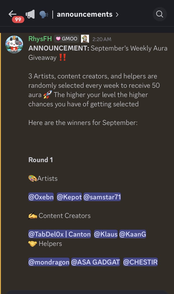gMoo 🐮

The Aura giveaway for September have been announced at <a href="/commondotxyz/">Common</a> discord

I was one of the winners in Week 1 with my Helper role!

The giveaway will continue weekly, and each week 3 Helpers, 3 Content Creators, and 3 Artists will win an Aura.

Considering how