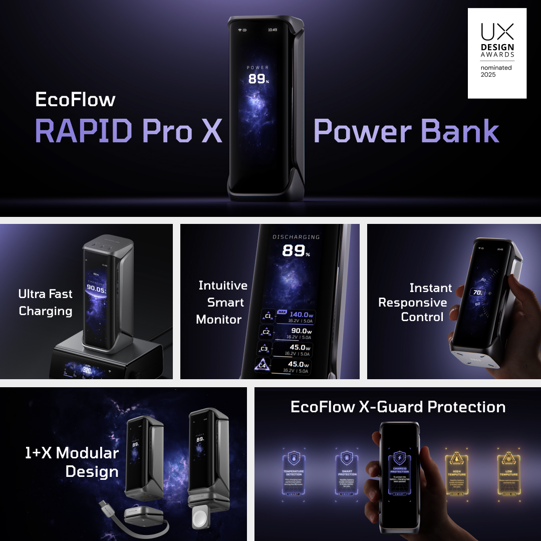 EcoFlowTech's tweet image. 🎉 #EcoFlowRAPIDPro X is a 2025 @uxdawards nominee for its fast charging & modular design!
See the comments: ux-design-awards.com/winners/2025-2…
👉 Discover the #EcoFlowRAPID Series: bit.ly/3VzTzG7
🎁 5% off: 25EFSM3C (ends Oct 24)
#ItIsRAPID #PowerBank #UXDesignAwards #UXDesign