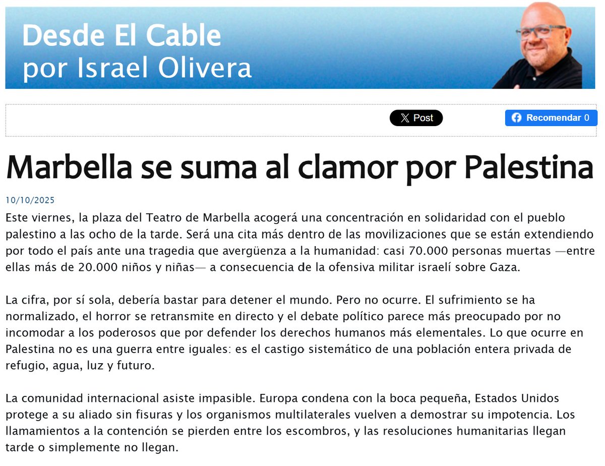 ✍️ Porque frente al genocidio, la única posición posible es la humanidad. En "Desde El Cable" de <a href="/marbella24horas/">marbella24horas.es</a> 

➡️ LEER: t.ly/Q4TRy

#Marbella #FreePalestine