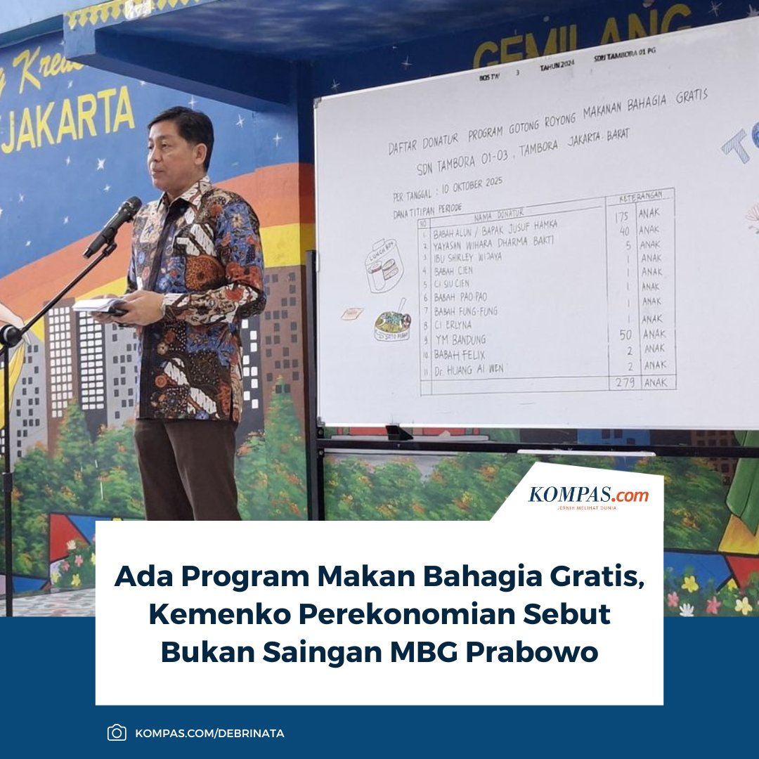 kompascom's tweet photo. Juru Bicara Kementerian Koordinator Bidang Perekonomian (Kemenko Perekonomian) Haryo Limanseto mengatakan, adanya program gotong royong Makan Bahagia Gratis bukanlah saingan dari program andalan Presiden Prabowo Subianto yaitu Makan Bergizi Gratis (MBG).

Baca di sini: https://t.co/a2Dl9pmTIr

~TA #MakanBahagiaGratis