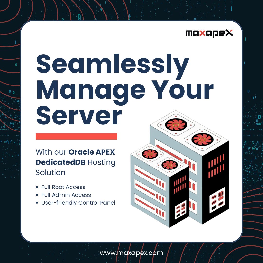MaxApexHosting's tweet image. Regain complete control over your server! 🚀 Maxapex&apos;s Oracle APEX DedicatedDB Hosting provides full root &amp;amp; admin access, along with 24/7 support and a 99% uptime guarantee. maxapex.com

#OracleAPEX #Oracle #APEX #orclapex #LowCode #DedicatedServer #Maxapex