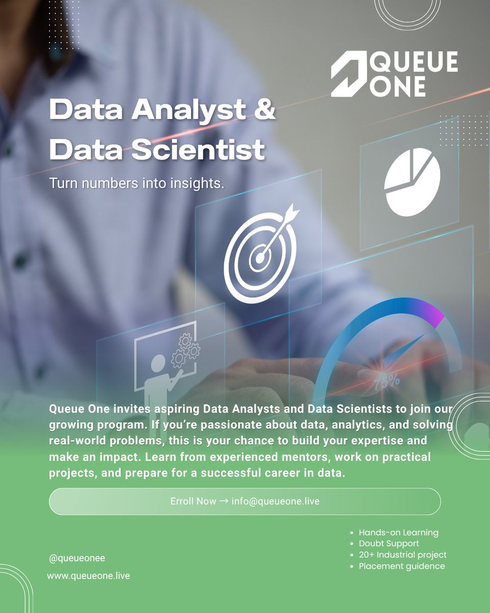 queueonee's tweet image. Queue One  invites aspiring Data Analysts and Data Scientists to join our growing  program. 
#QueueOne #DataScience #DataAnalytics #CareerGrowth #LearnWithExperts #AI #Python #PowerBI #MachineLearning #DataScientist #BigData #AnalyticsCareer #TechTraining #SkillDevelopment