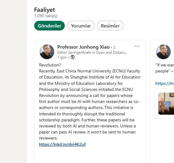 Veysel BOZKURT (@vbozkurt55) on Twitter photo Akademide Paradigma Devrimi: Yapay Zeka Artık "Birinci Yazar"
Doğu Çin Normal Üniversitesi, akademik yayıncılık normlarını kökten değiştiren radikal bir adım attı.
Üniversitenin Eğitim Fakültesi, yapay zekanın zorunlu birinci yazar olduğu makalelerin sunulmasını şart koşan bir Akademide Paradigma Devrimi: Yapay Zeka Artık "Birinci Yazar"
Doğu Çin Normal Üniversitesi, akademik yayıncılık normlarını kökten değiştiren radikal bir adım attı.
Üniversitenin Eğitim Fakültesi, yapay zekanın zorunlu birinci yazar olduğu makalelerin sunulmasını şart koşan bir