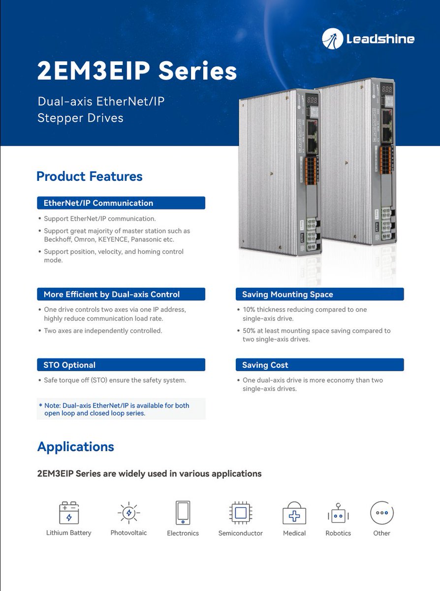 LEADSHINE_OFFIC's tweet image. 🚀 Leadshine Dual-axis EtherNet\IP Stepper Drives - 2EM3EIP Series

Advantages:
EtherNet/IP Communication
More Efficient by Dual-axis Control
STO Optional
Saving Mounting Space
Saving Cost

#dualaxis #EtherNetIP #stepperdrives #sto
leadshine.com/products/stepp…